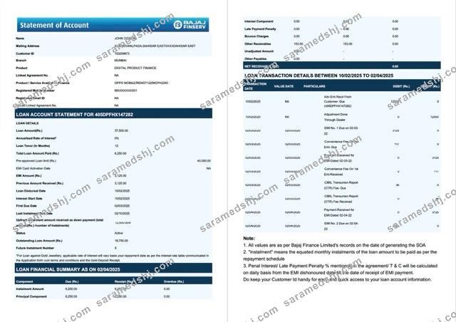 India Bajaj Finserv statement of account Word and PDF template, 2 pages